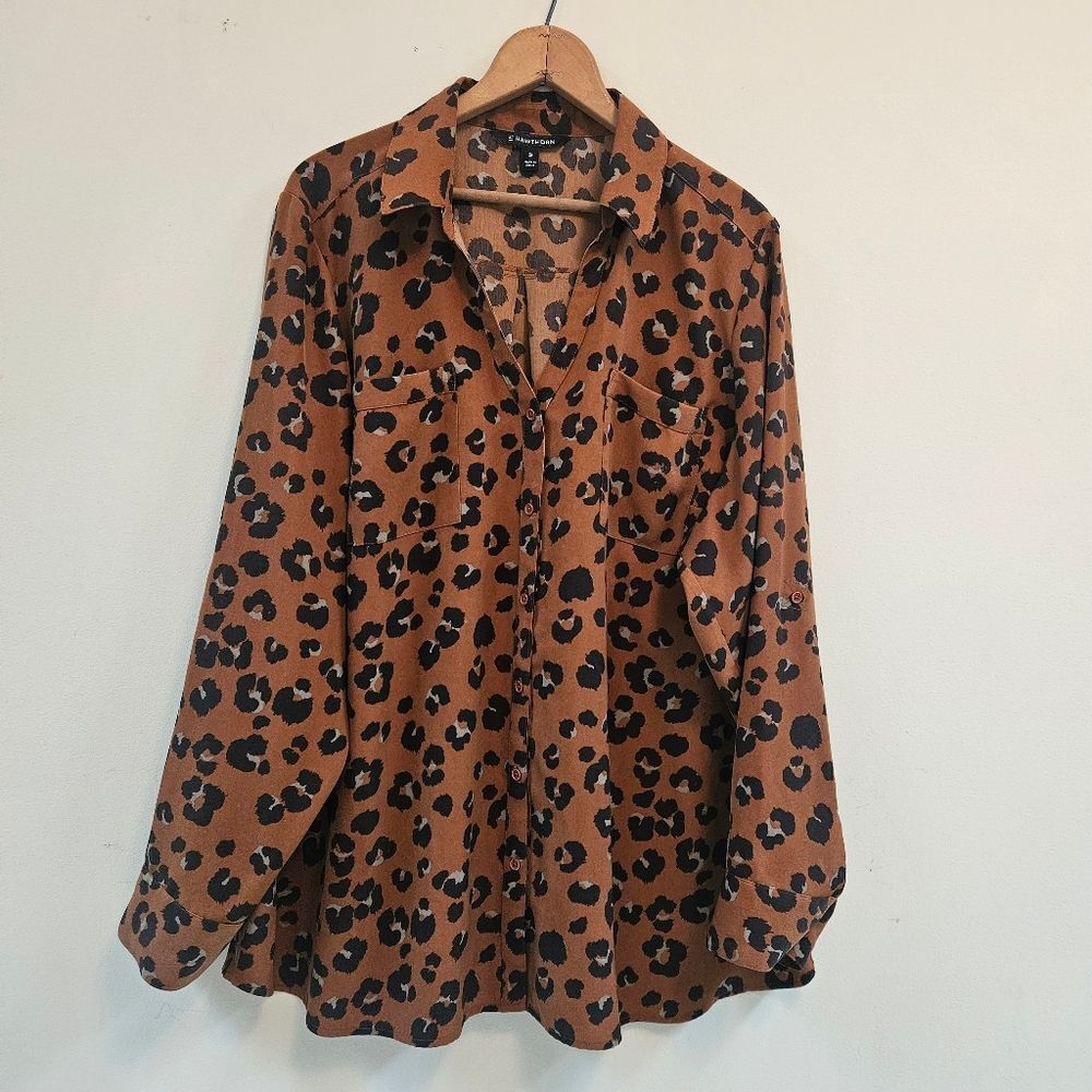 41Hawthorn Button-Up Shirt Women Sz 3XL Leopard Print Long Sleeve Optional 3/4